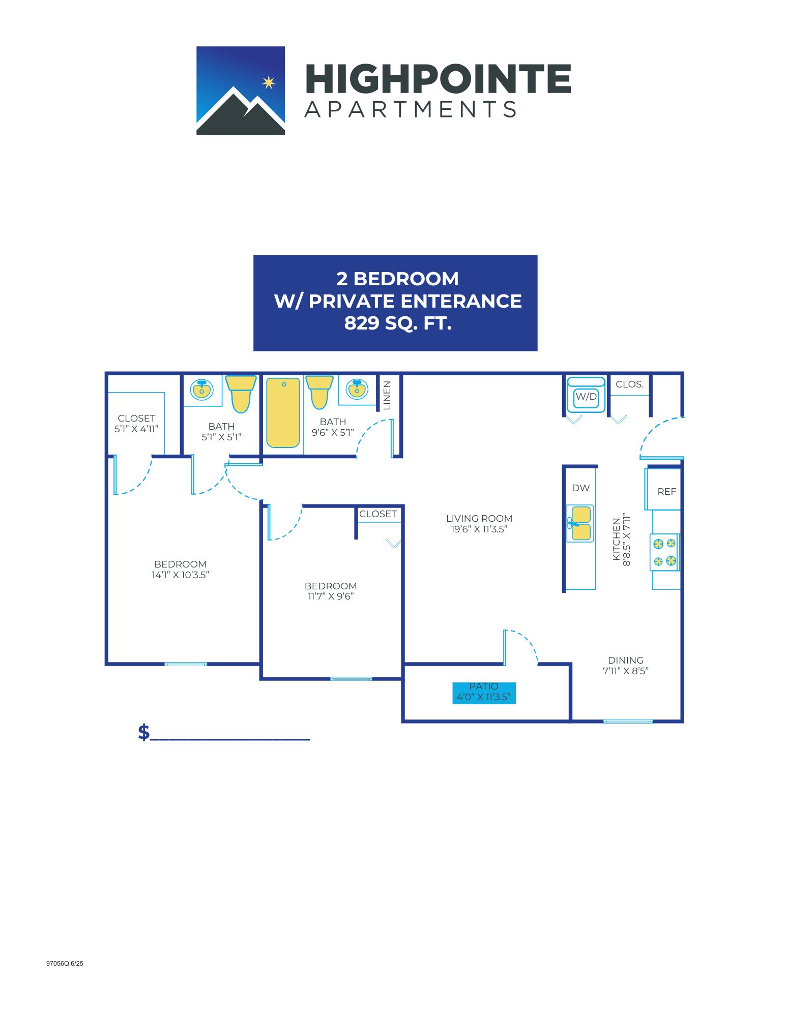 Floor plan for 2 beds, 1.5 baths, 829 sqft